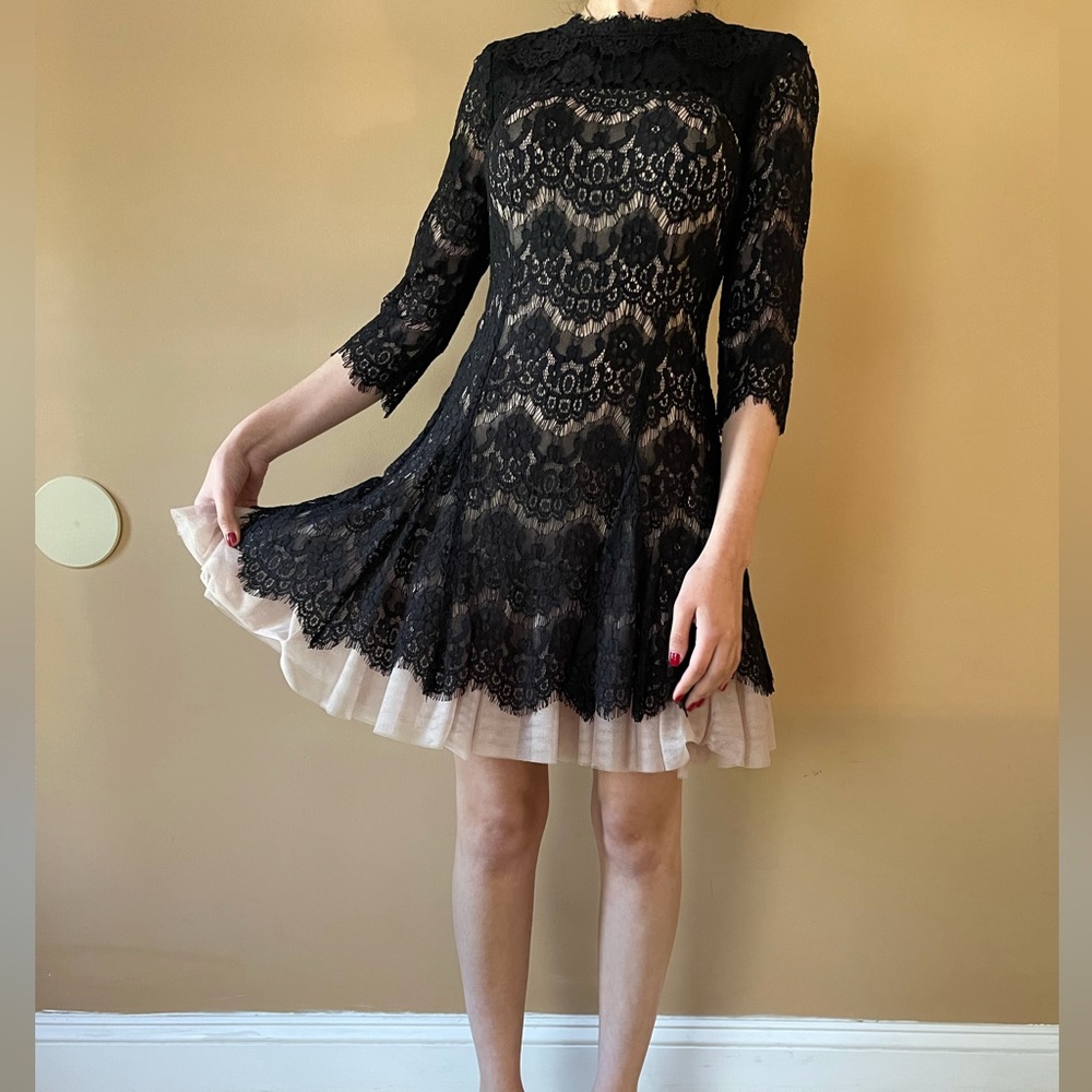Betsy & Adam above the knee black lace cocktail dress